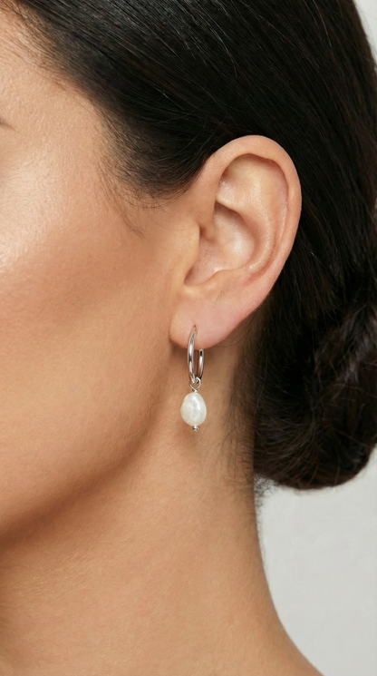 Sterling Silver Creole Hoops with Cultured Freshwater Pearl
