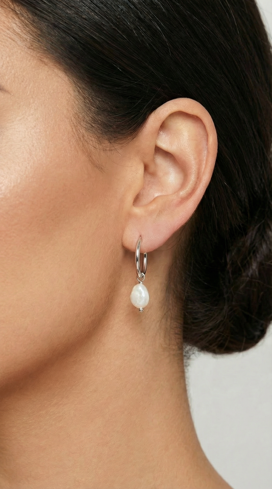 Sterling Silver Creole Hoops with Cultured Freshwater Pearl