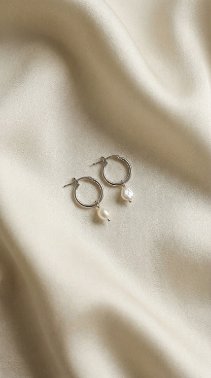 Sterling Silver Creole Hoops with Cultured Freshwater Pearl
