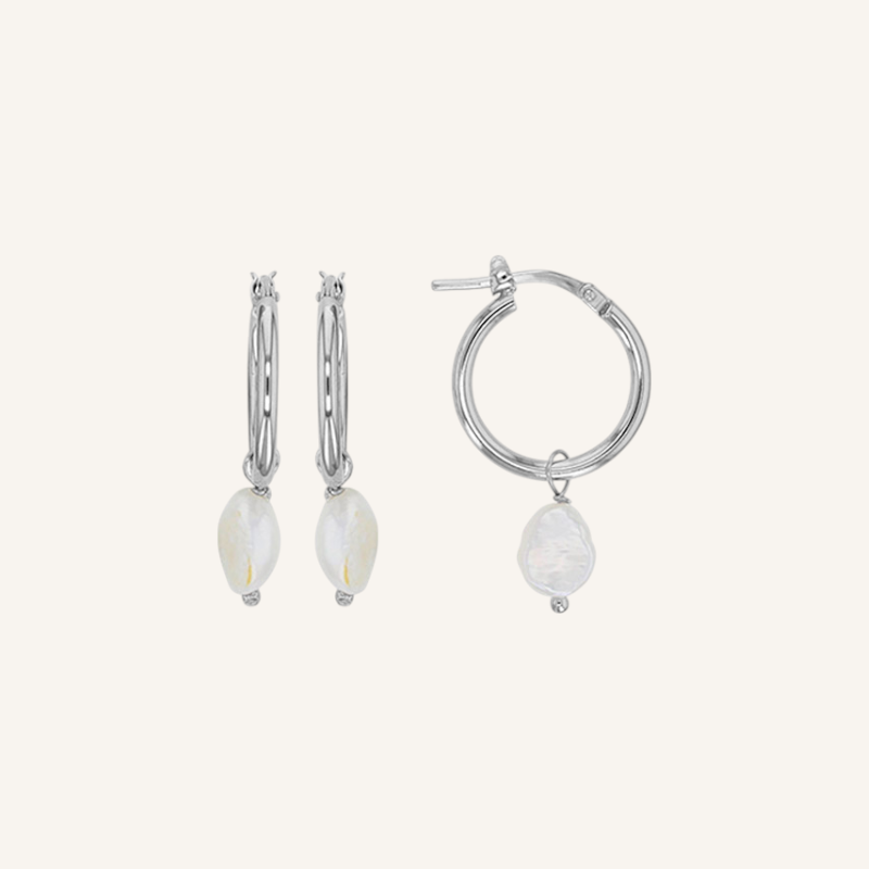 creole hoops with freshwater pearl, cultured pearl hoop earrings, rhodium plated sterling silver hoops, pearl hoop earrings, elegant pearl jewellery, women’s pearl hoop earrings, rhodium hoops with pearl, refined pearl earrings