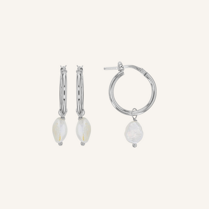 creole hoops with freshwater pearl, cultured pearl hoop earrings, rhodium plated sterling silver hoops, pearl hoop earrings, elegant pearl jewellery, women’s pearl hoop earrings, rhodium hoops with pearl, refined pearl earrings