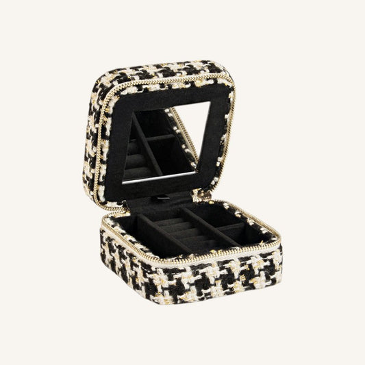 square tweed jewellery box, black and white jewellery box, jewellery storage box, jewellery organiser box, tweed jewellery case, compact jewellery box, elegant jewellery storage, women’s jewellery box