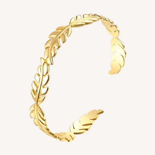 Athena bangle, gold plated bracelet, 18k gold plated bangle, leaf design bangle, stainless steel bangle, women’s gold bracelet, elegant gold bangle, everyday luxury bracelet