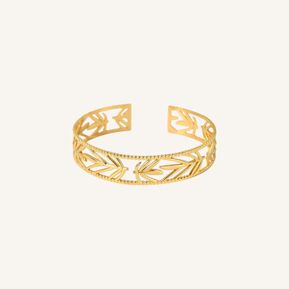 18K Gold Bangle, Stainless Steel Bangle, Holly Bangle, Gold Plated Bracelet, Leaf Cut-Out Bangle, Open Cuff Bracelet, Women’s Adjustable Bangle, Hypoallergenic Jewellery, Durable Stainless Steel Jewellery, Elegant Gold Bangle, Black Leopard Jewellery HOLLY Bangle | HOLLY Gold Bangle | Minimalist HOLLY Jewellery | Elegant HOLLY Bracelet | Black Leopard HOLLY Bangle