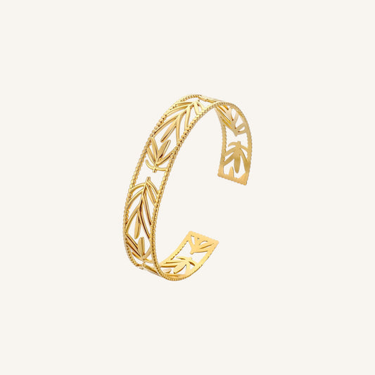 18K Gold Bangle, Stainless Steel Bangle, Holly Bangle, Gold Plated Bracelet, Leaf Cut-Out Bangle, Open Cuff Bracelet, Women’s Adjustable Bangle, Hypoallergenic Jewellery, Durable Stainless Steel Jewellery, Elegant Gold Bangle, Black Leopard Jewellery HOLLY Bangle | HOLLY Gold Bangle | Minimalist HOLLY Jewellery | Elegant HOLLY Bracelet | Black Leopard HOLLY Bangle